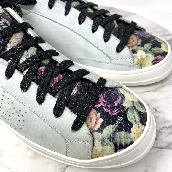 P448 John Black Floral Leather Low Top Sneakers 40/9-10 Casual Preppy Athleisure - Picture 16 of 16